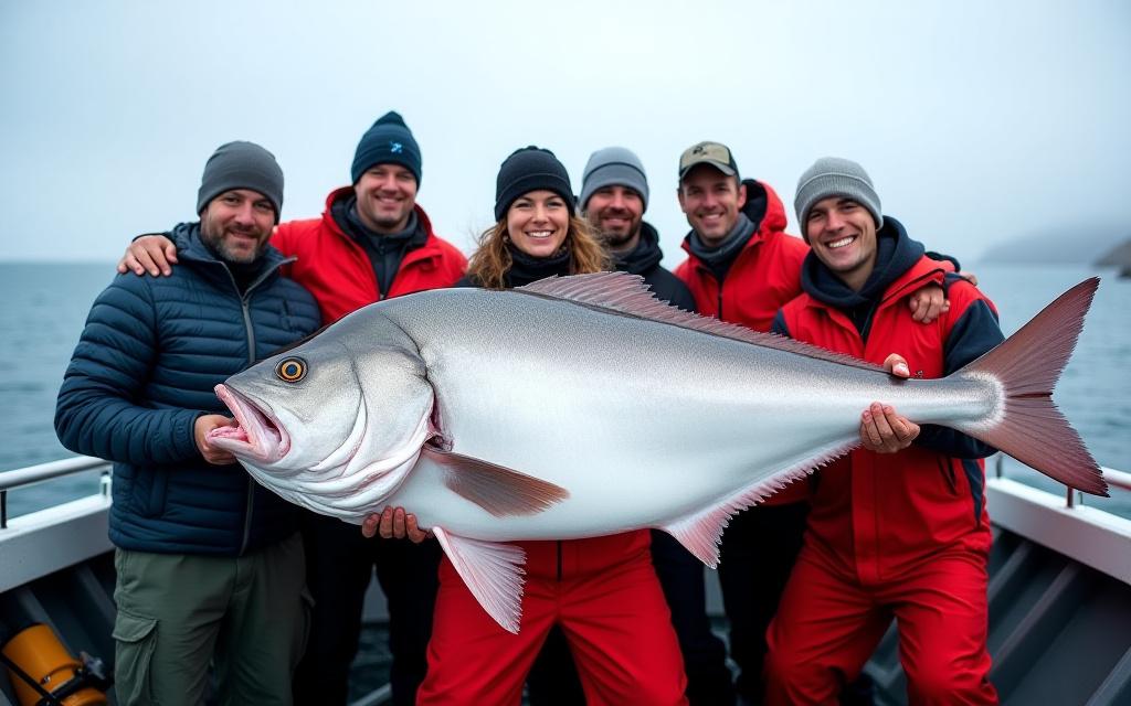 En gruppe fiskere som stolt holder opp en stor kveite på en båt.