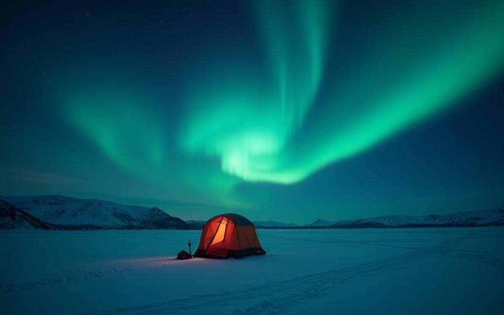 Telt på en islagt innsjø med nordlys på himmelen over.
